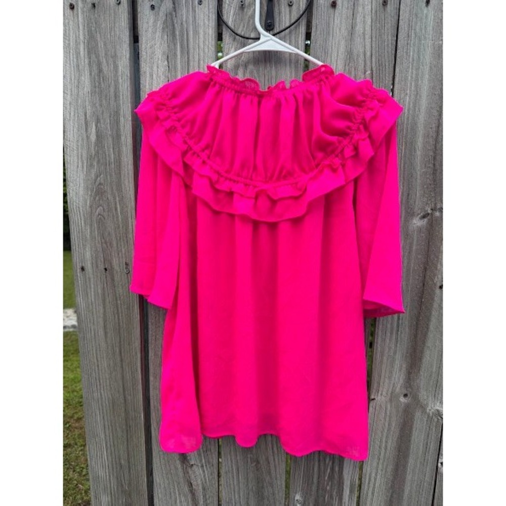 Barbiecore Ruffle Neck Cato Blouse Womens Large Hot Pink